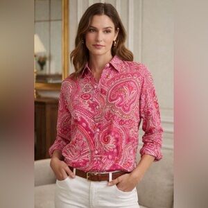 Lauren Ralph Lauren button up shirt pink paisley classic equestrian cotton PM